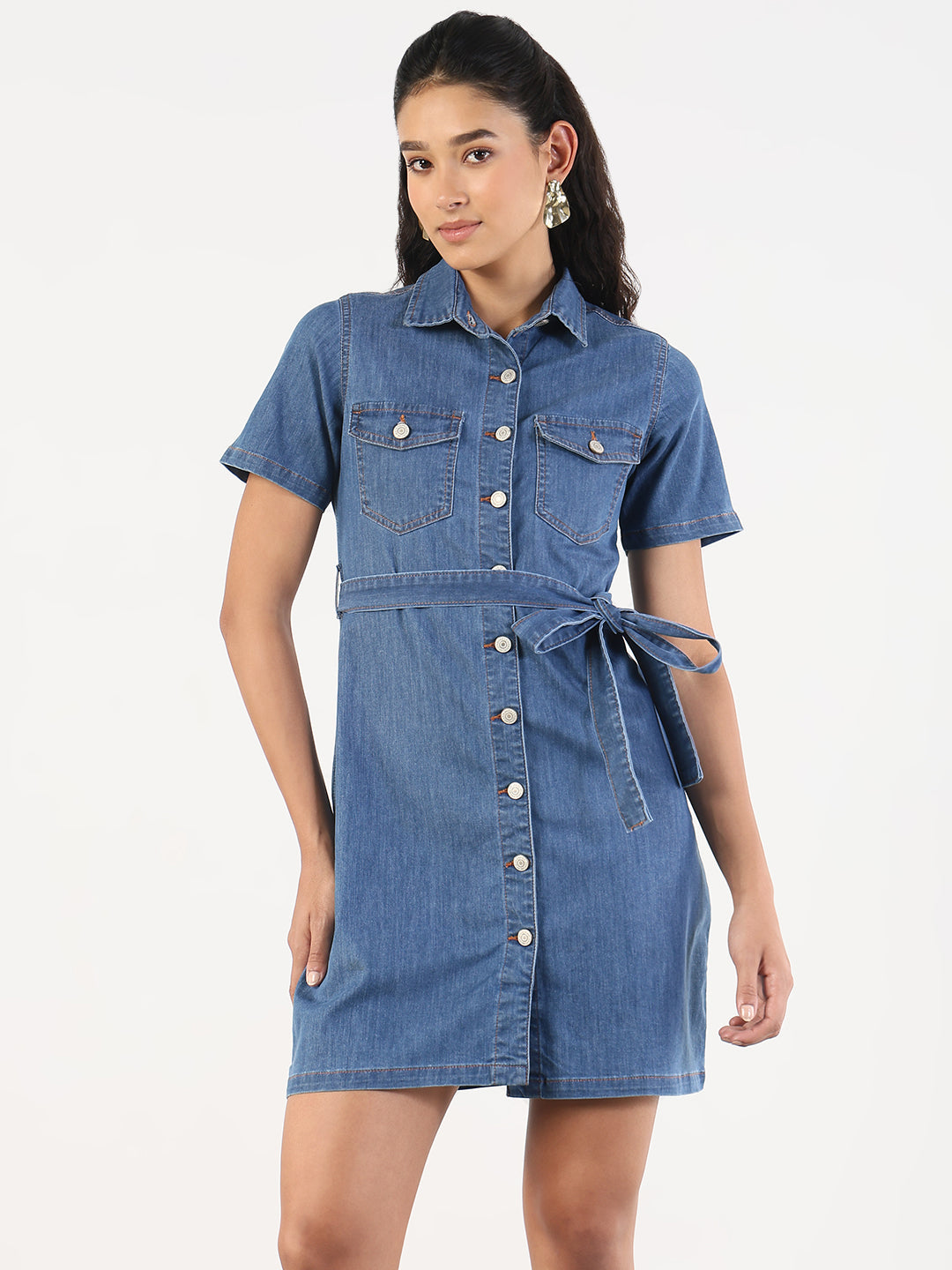 Women Solid Blue Denim A-Line Dress with Fabric Belt