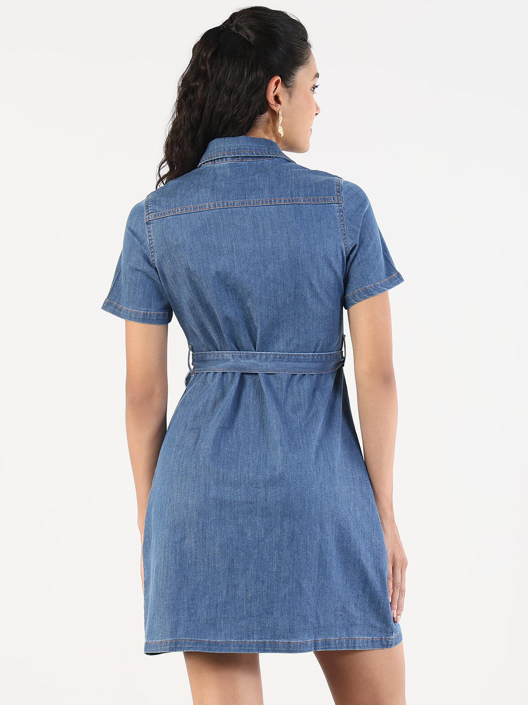 Women Solid Blue Denim A-Line Dress with Fabric Belt