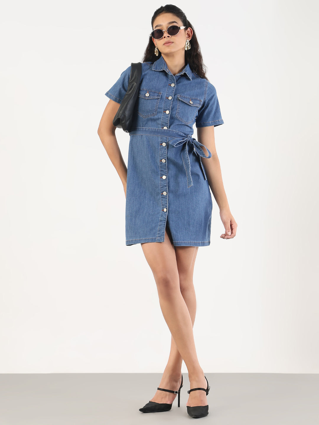 Women Solid Blue Denim A-Line Dress with Fabric Belt