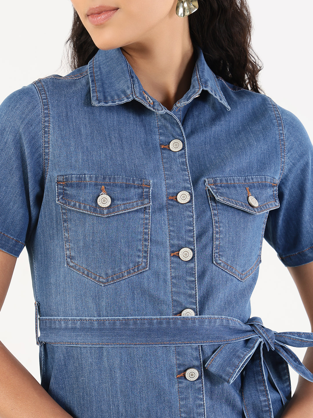 Women Solid Blue Denim A-Line Dress with Fabric Belt