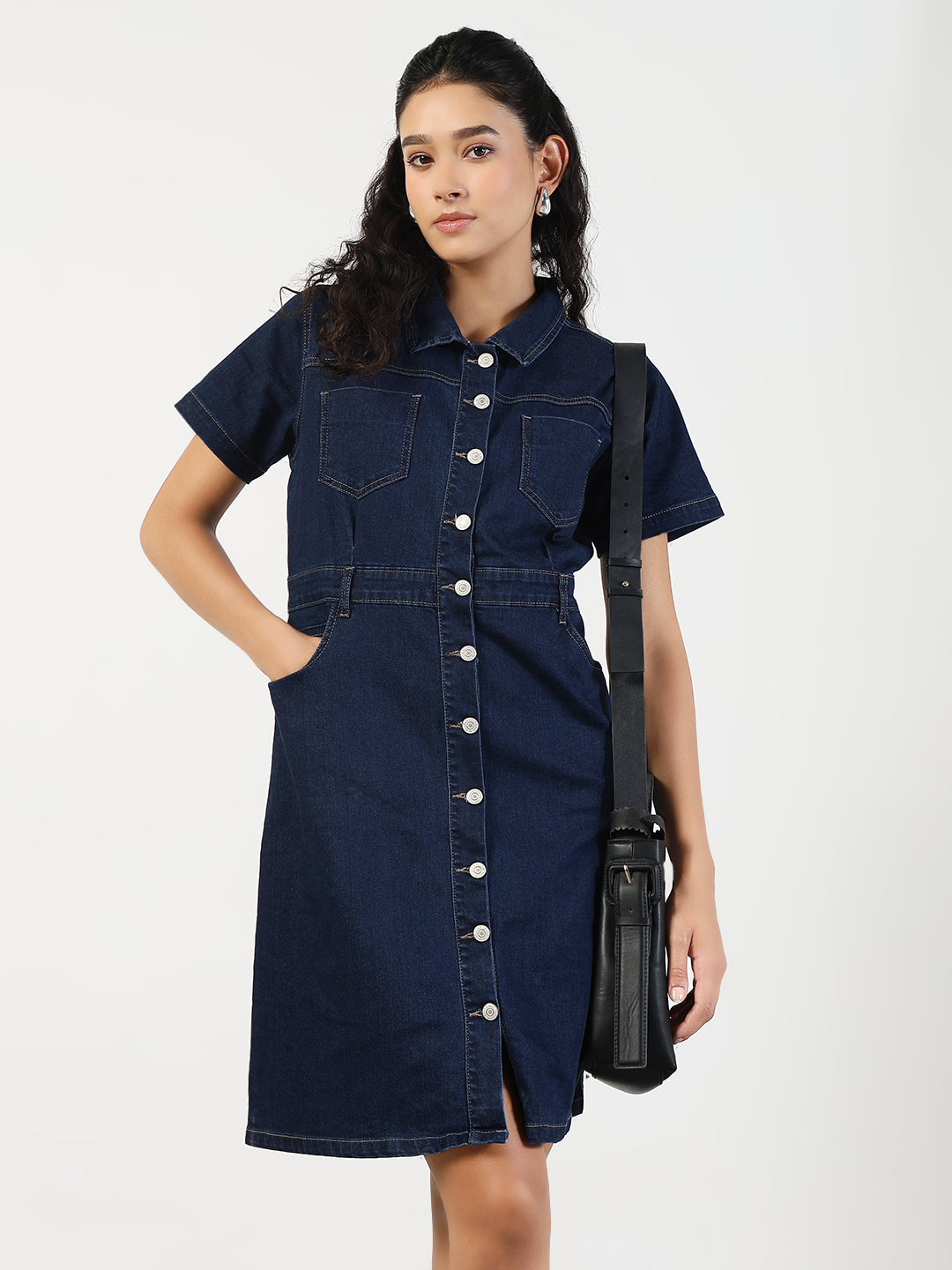 Women Solid Navy Blue Denim A-Line Dress