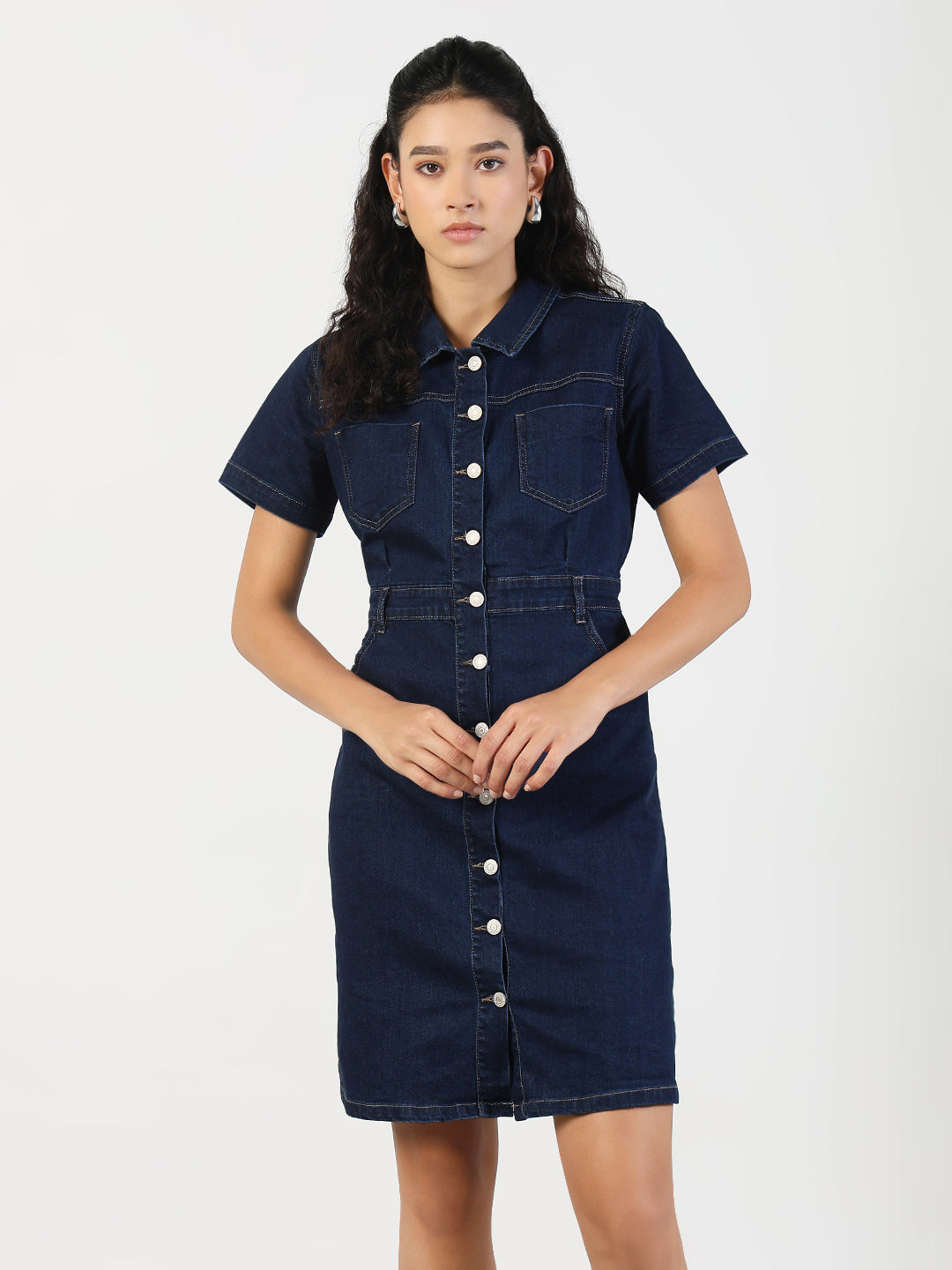 Women Solid Navy Blue Denim A-Line Dress