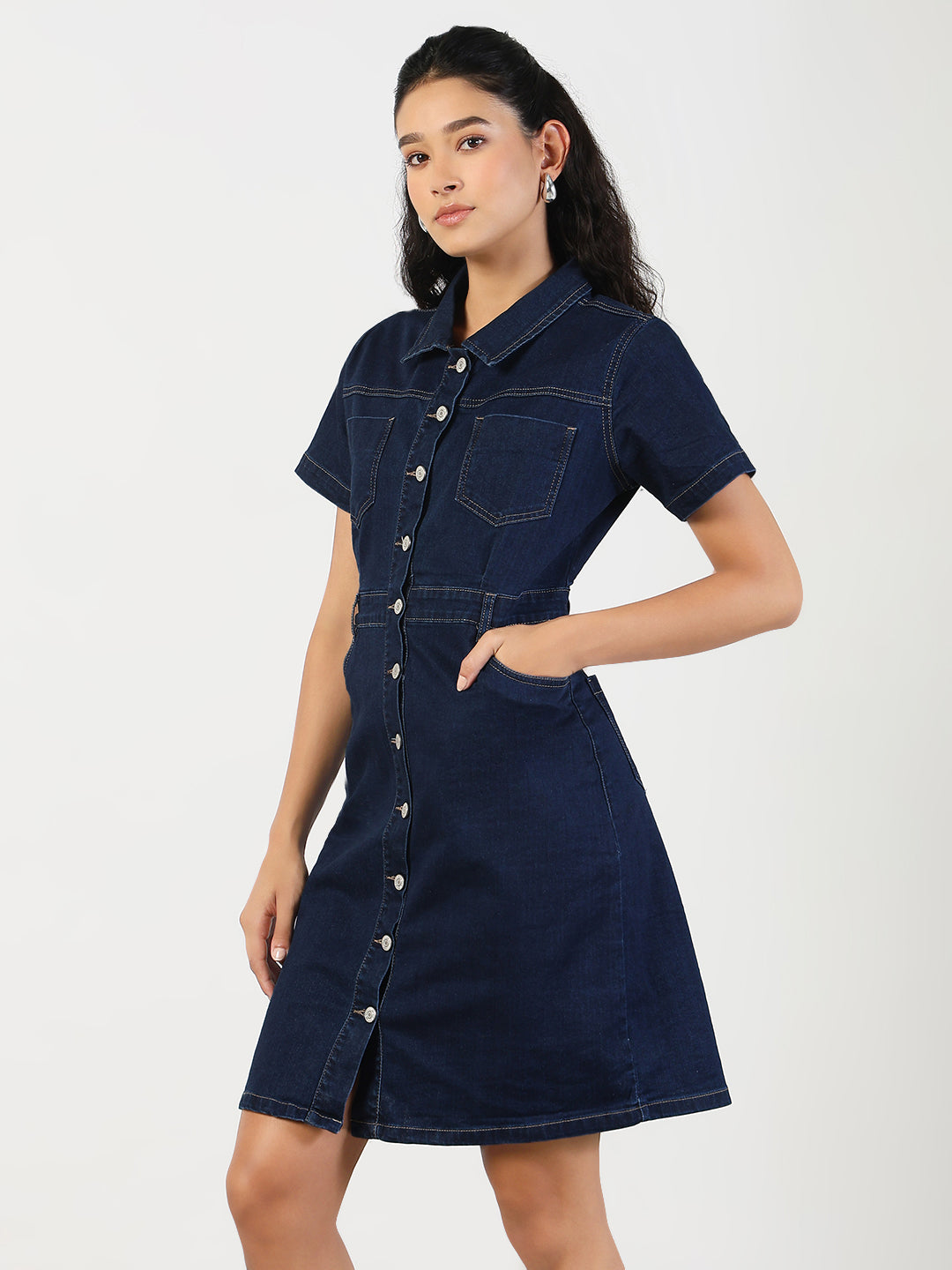 Women Solid Navy Blue Denim A-Line Dress