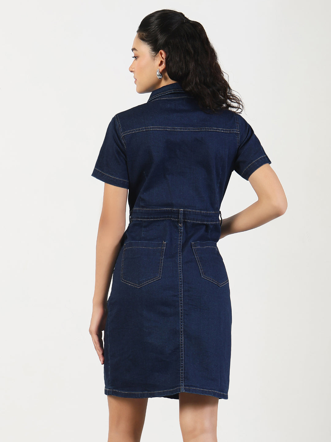 Women Solid Navy Blue Denim A-Line Dress