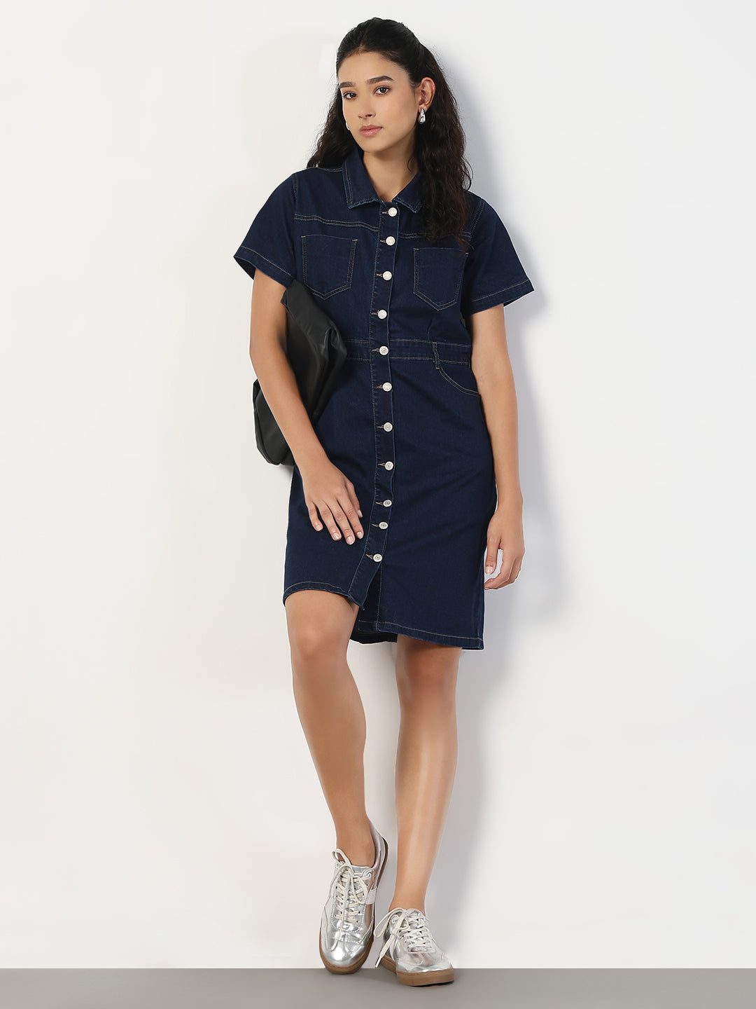 Women Solid Navy Blue Denim A-Line Dress