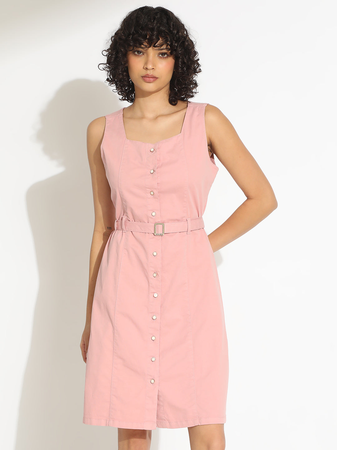 Women's Pink Midi Dress with Pearl Buttons and Belt