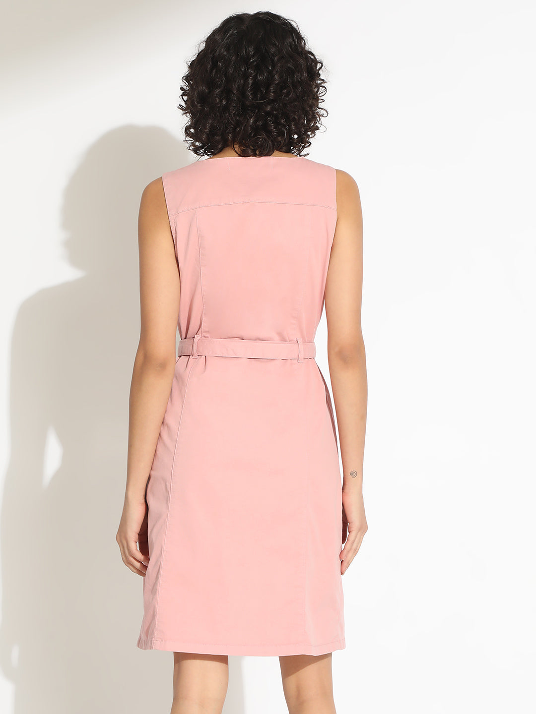 Women's Pink Midi Dress with Pearl Buttons and Belt