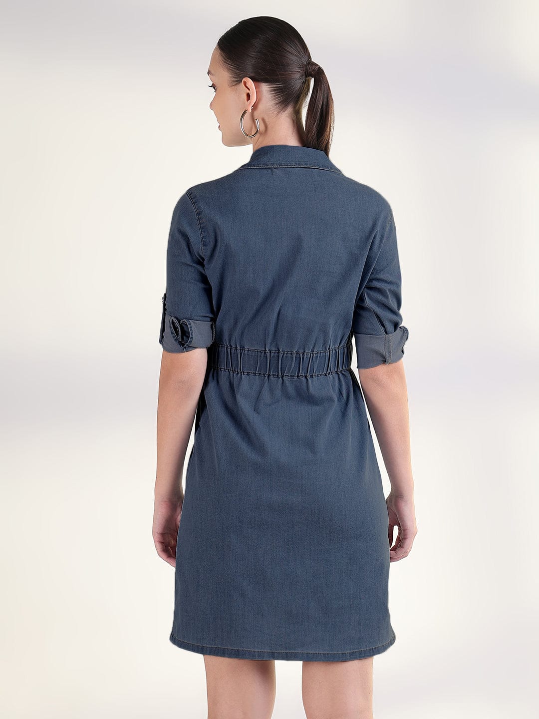 Women's Navy Blue Shirt Style Denim Dress with Buttons