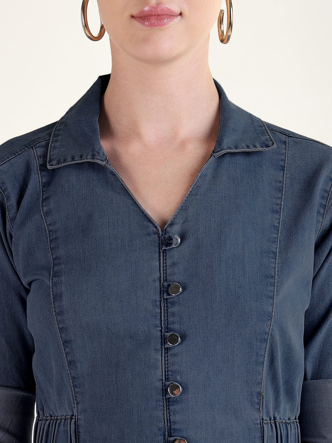Women's Navy Blue Shirt Style Denim Dress with Buttons