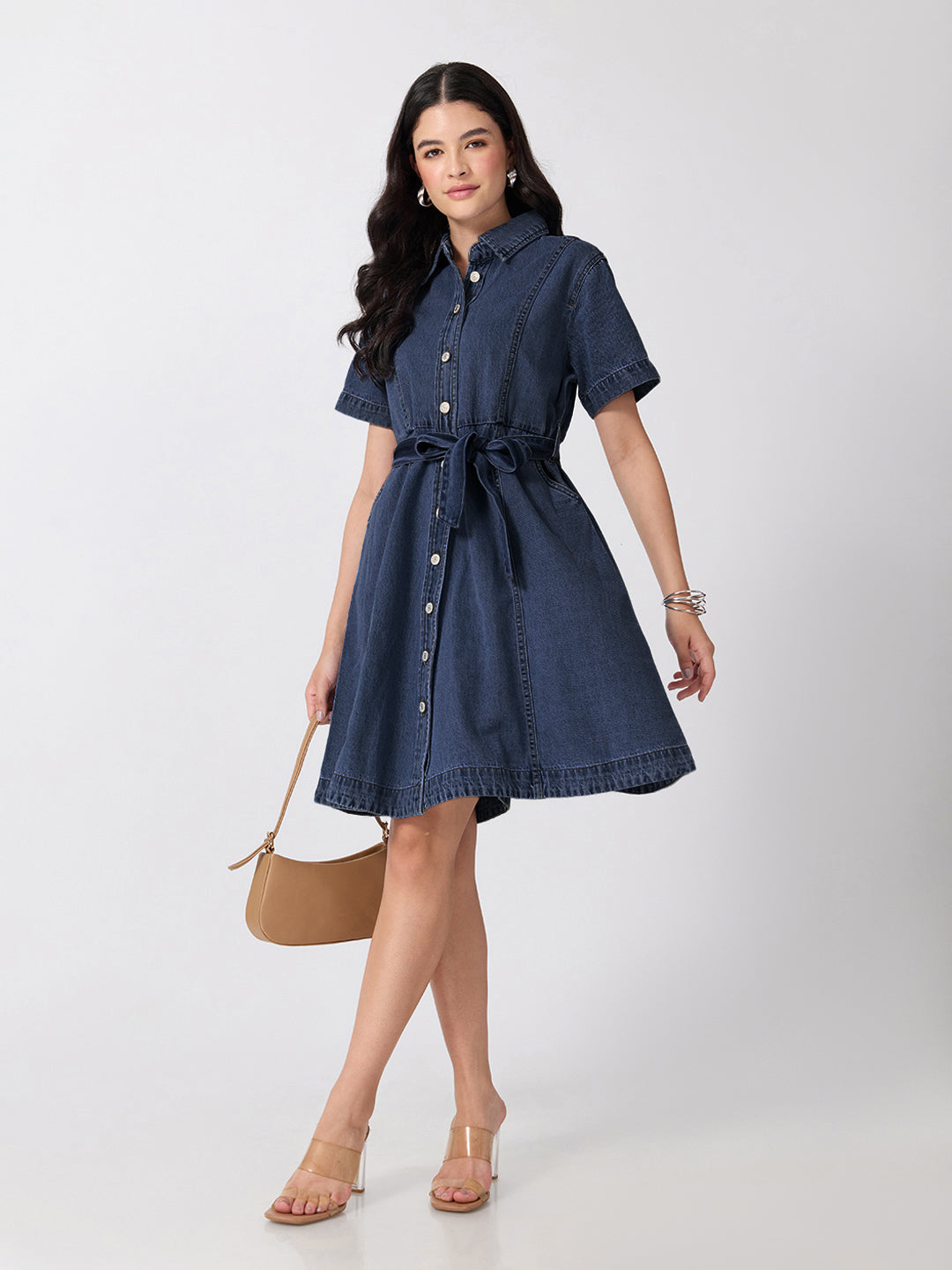 Women’s Dark Blue Denim Mini Dress with Tie-Up Belt