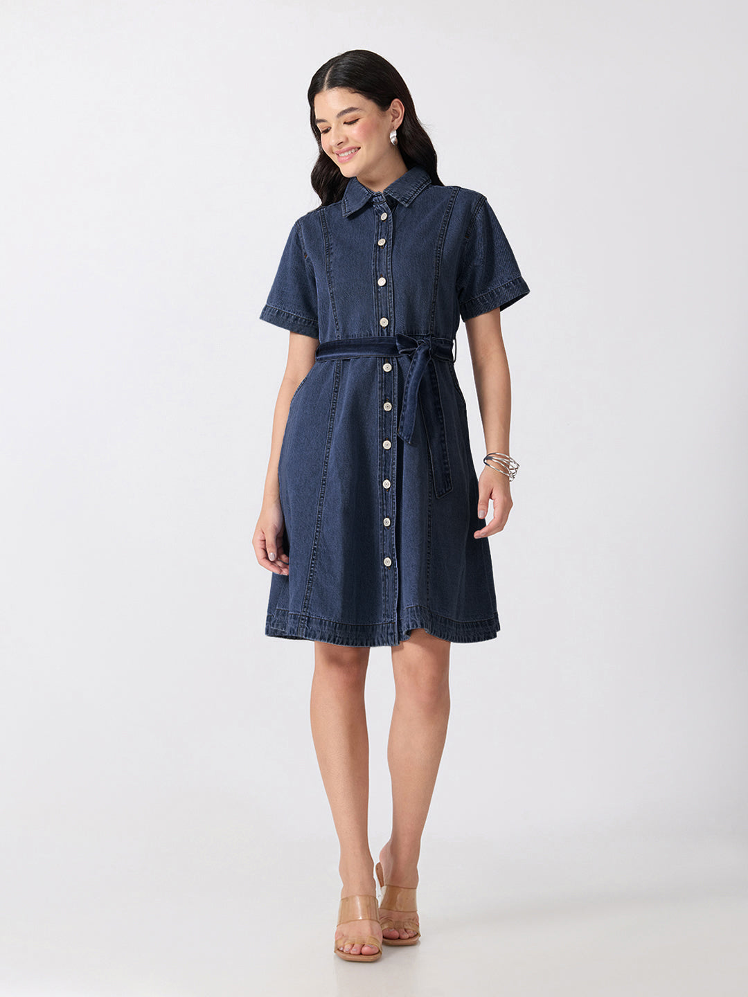 Women’s Dark Blue Denim Mini Dress with Tie-Up Belt