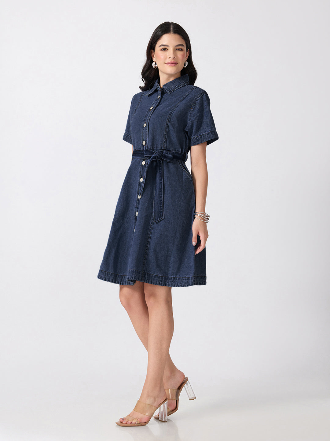 Women’s Dark Blue Denim Mini Dress with Tie-Up Belt