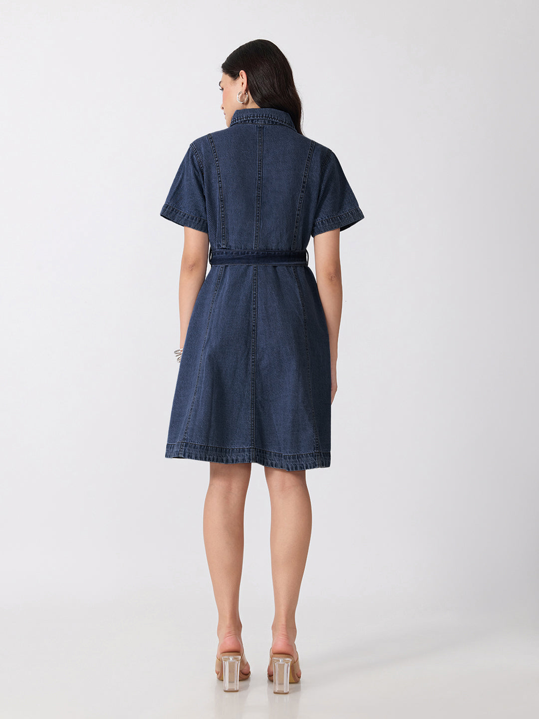 Women’s Dark Blue Denim Mini Dress with Tie-Up Belt