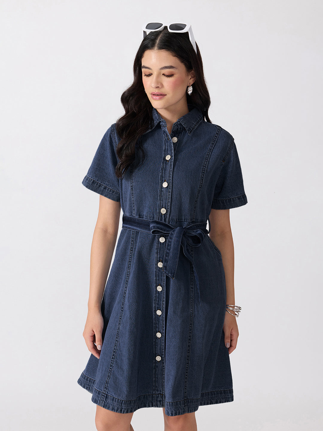 Women’s Dark Blue Denim Mini Dress with Tie-Up Belt