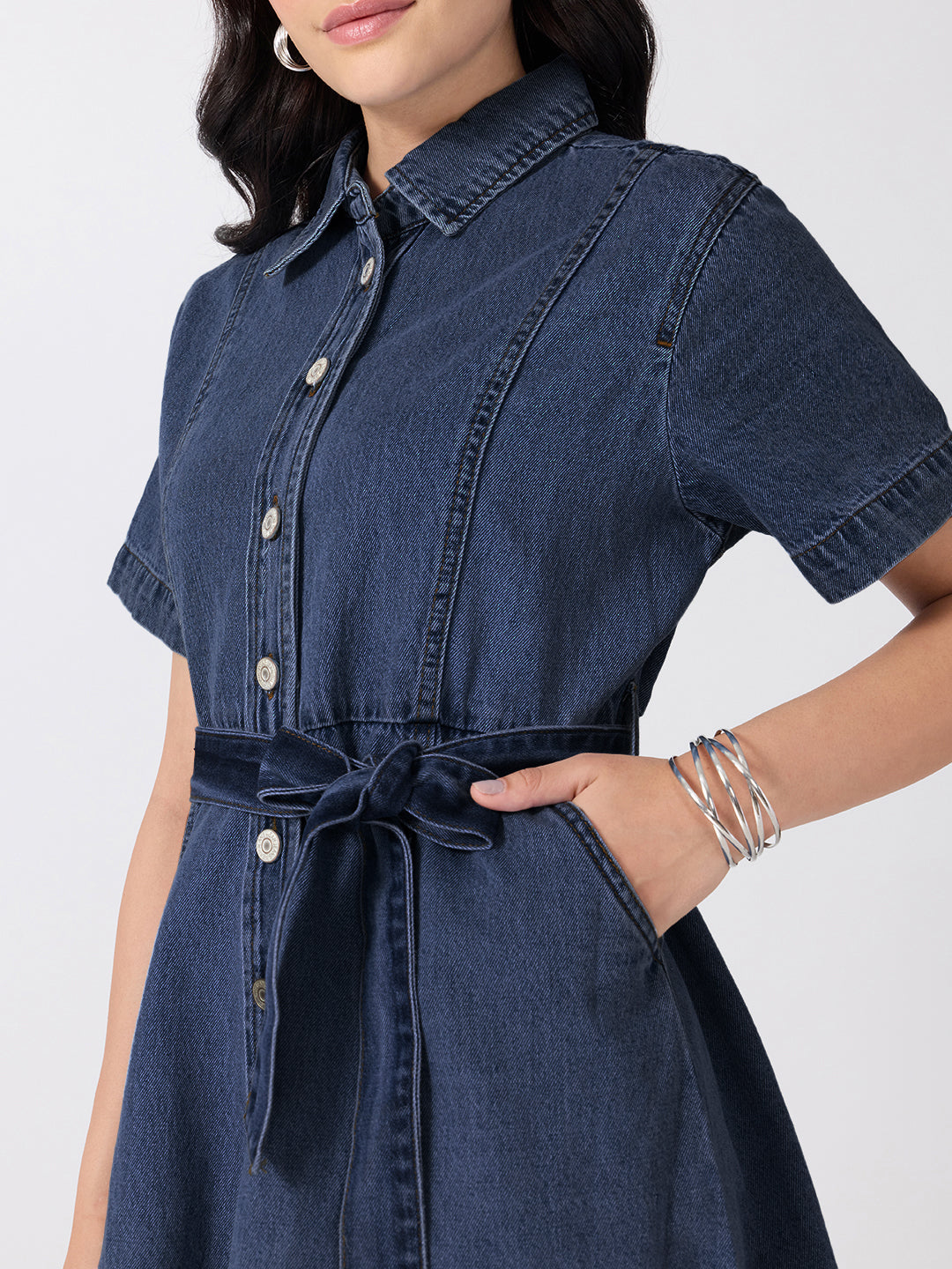 Women’s Dark Blue Denim Mini Dress with Tie-Up Belt