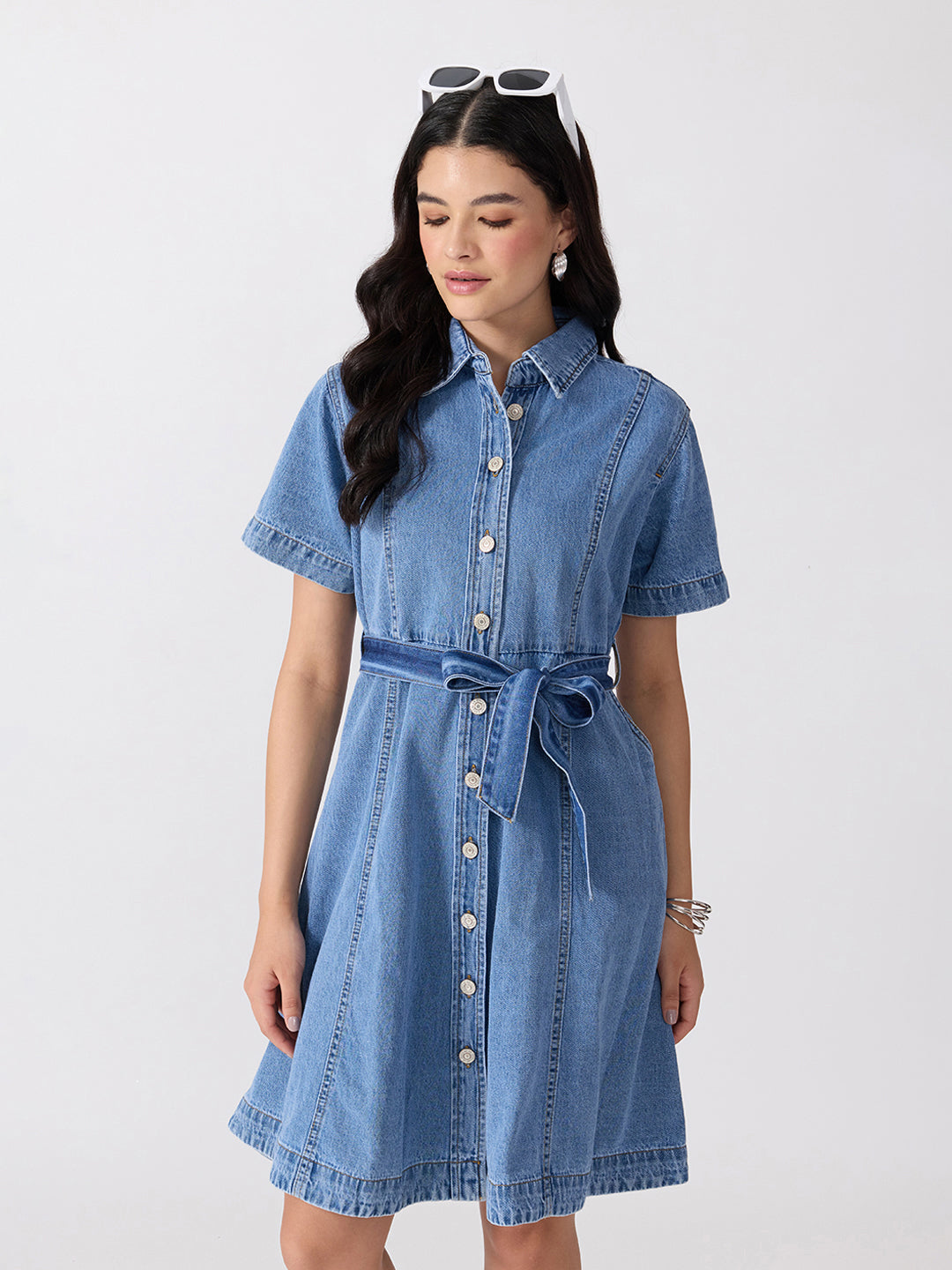 Women’s Light Blue Denim Mini Dress with Tie-Up Belt