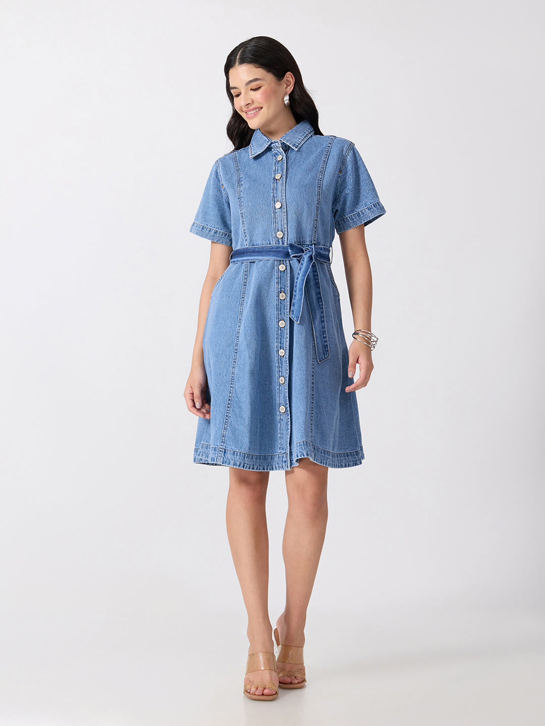 Women’s Light Blue Denim Mini Dress with Tie-Up Belt