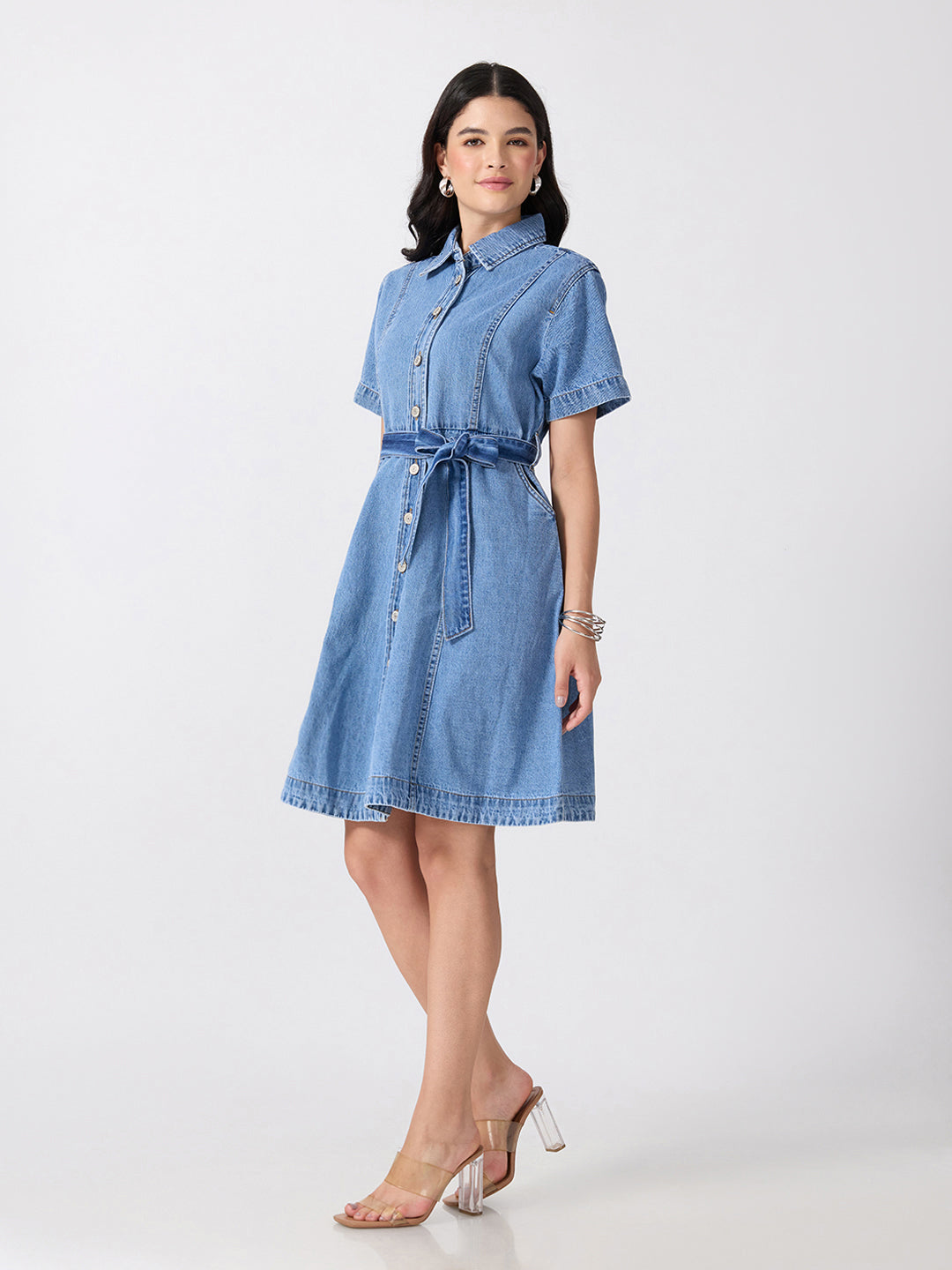 Women’s Light Blue Denim Mini Dress with Tie-Up Belt