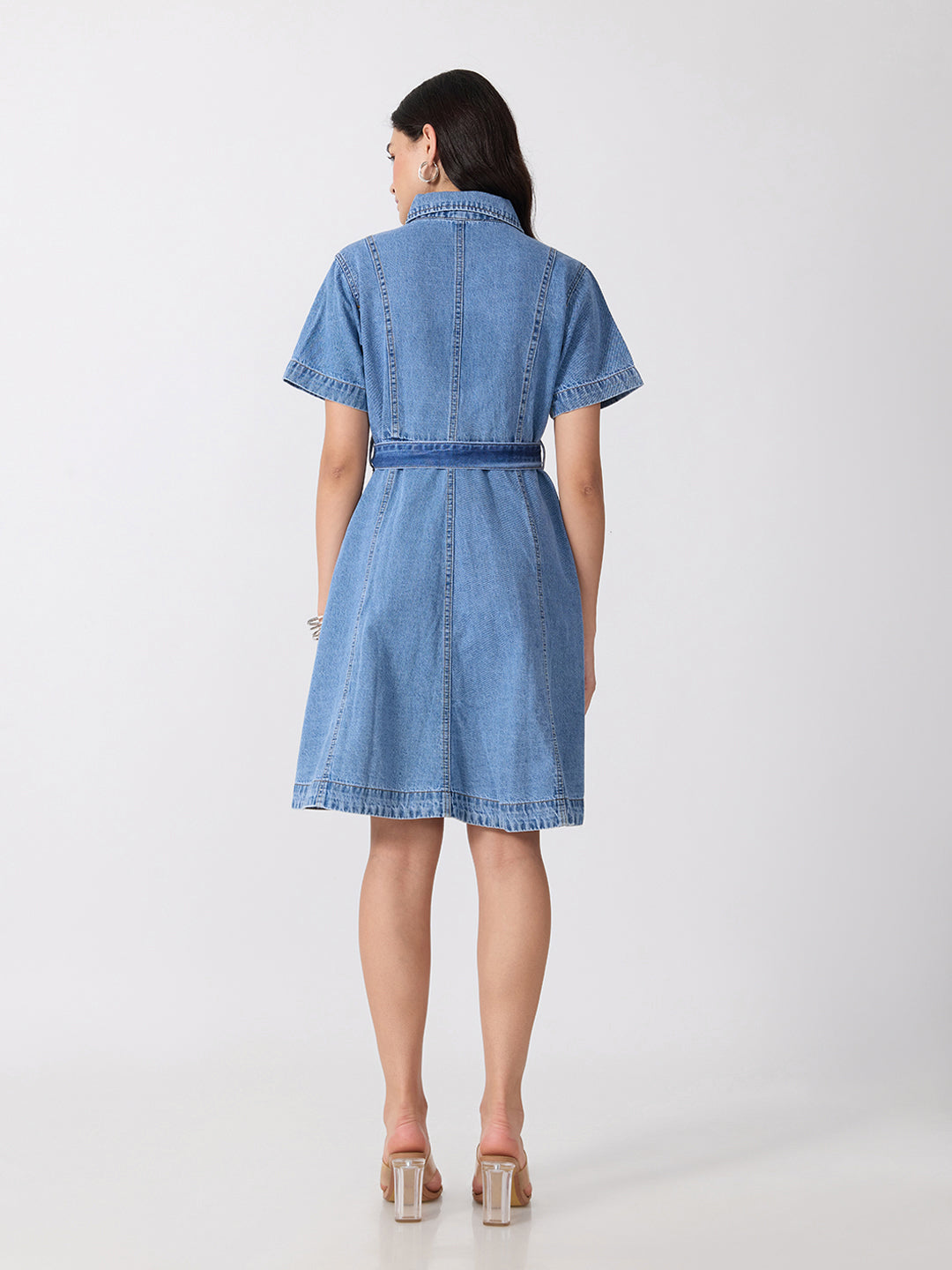 Women’s Light Blue Denim Mini Dress with Tie-Up Belt