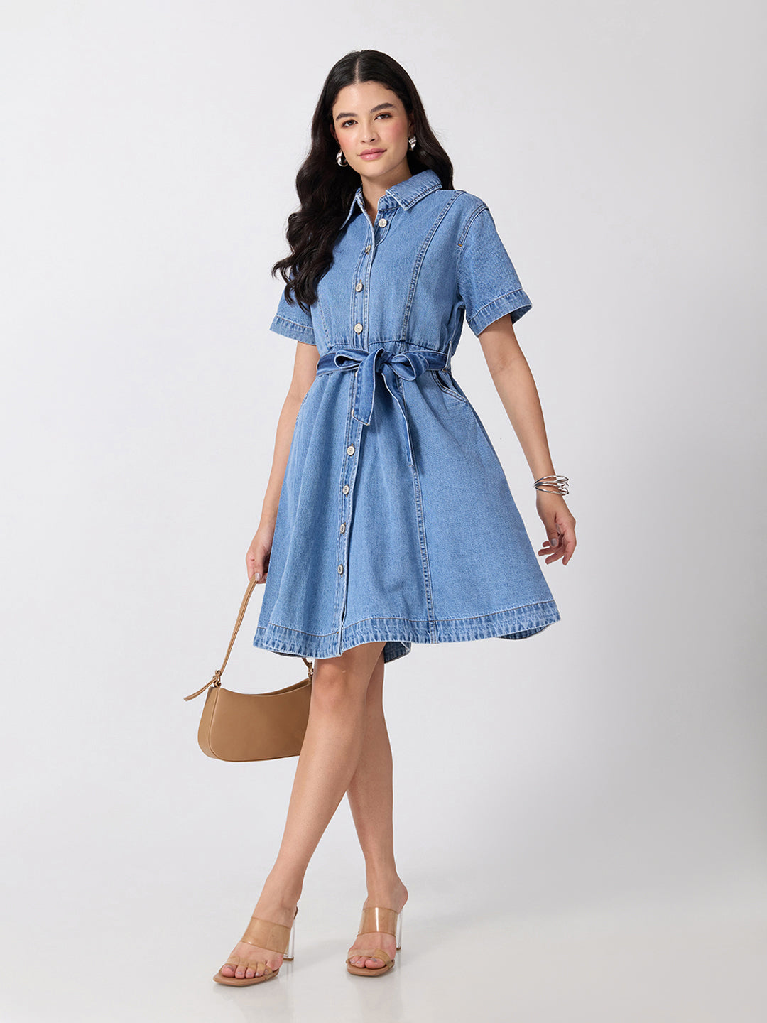 Women’s Light Blue Denim Mini Dress with Tie-Up Belt