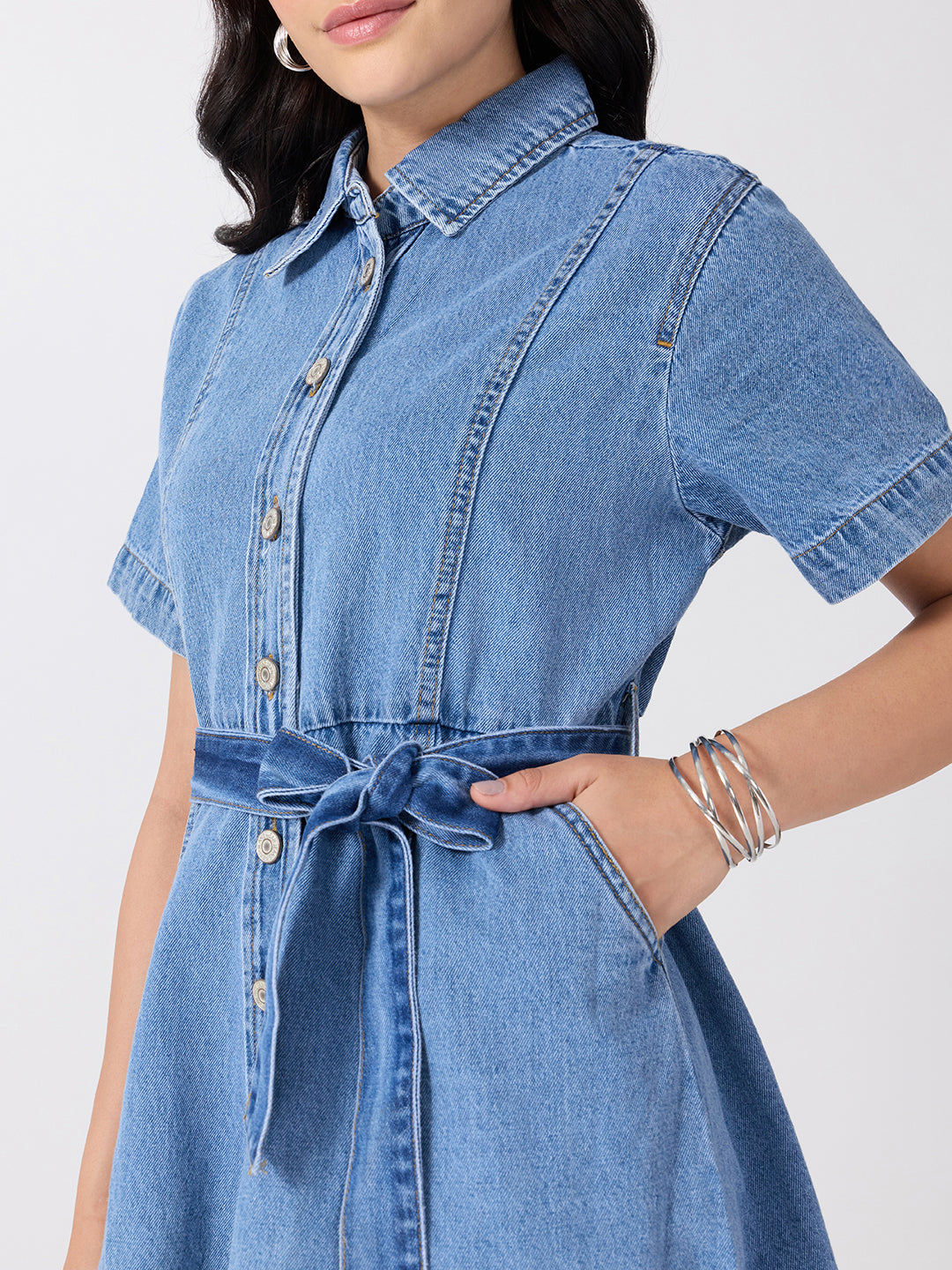 Women’s Light Blue Denim Mini Dress with Tie-Up Belt