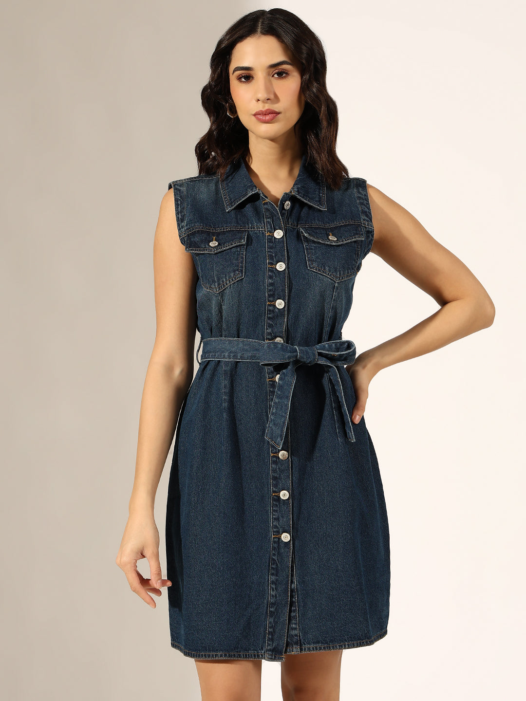 Women's Dark Blue Denim Sleeveless Shirt Dress with Fabric Belt