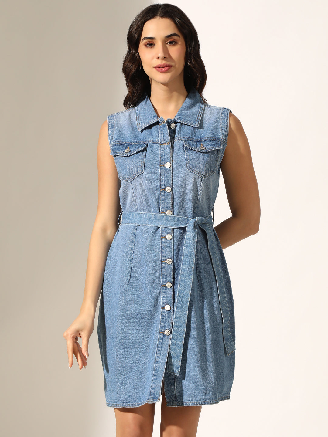 Women's Light Blue Denim Button-Down Shirt Dress with Fabric Belt