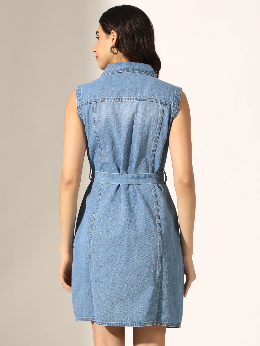 Women's Light Blue Denim Button-Down Shirt Dress with Fabric Belt