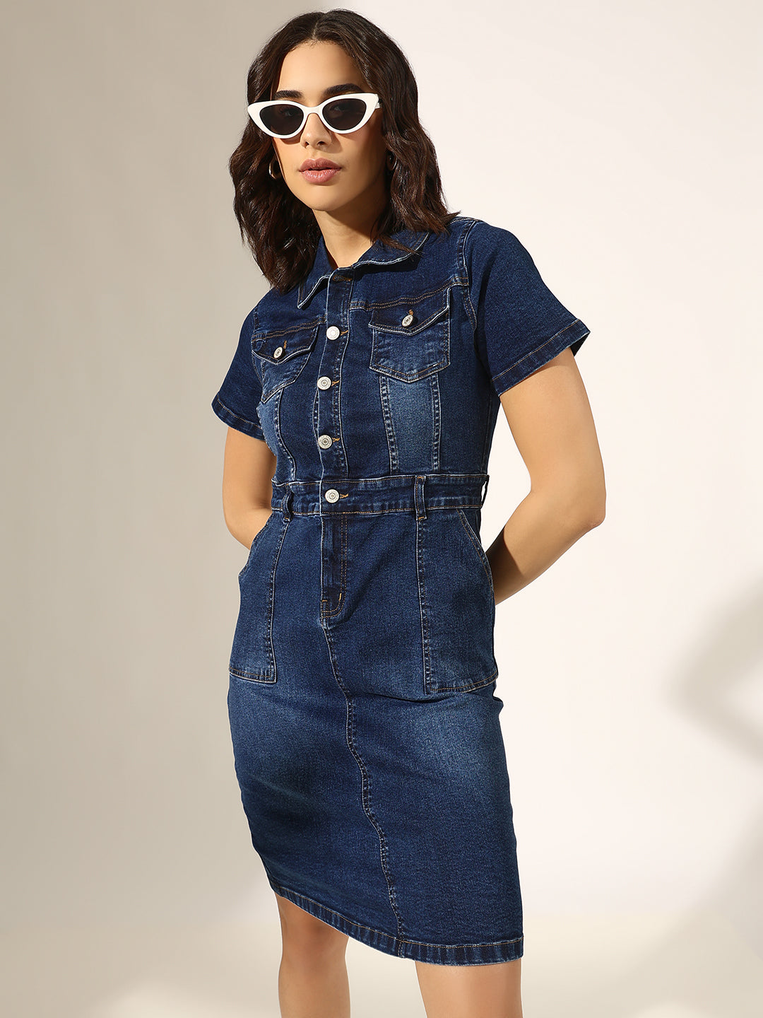 Women's Dark Blue Short Sleeve Button-Down Denim Dress