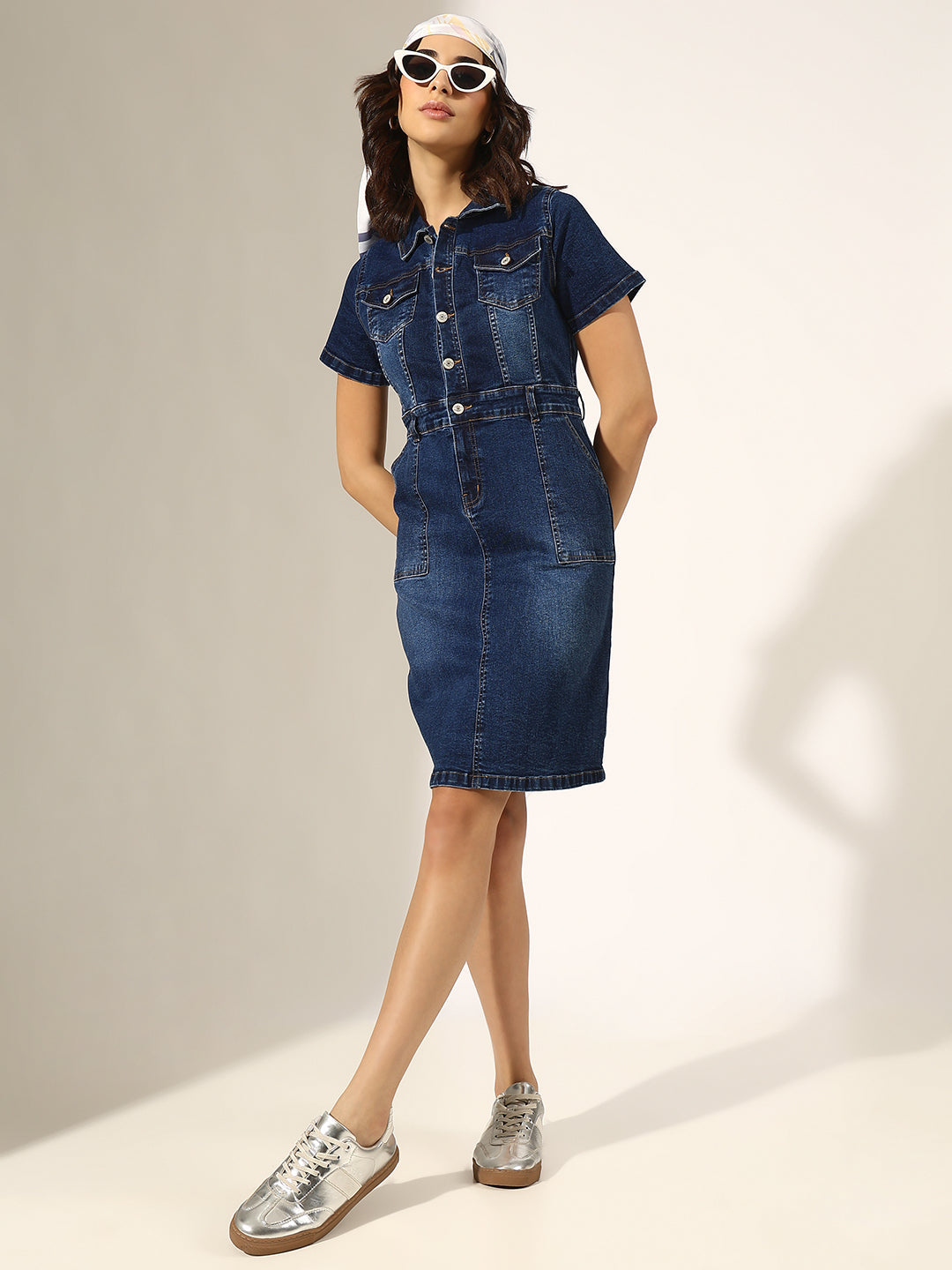Women's Dark Blue Short Sleeve Button-Down Denim Dress