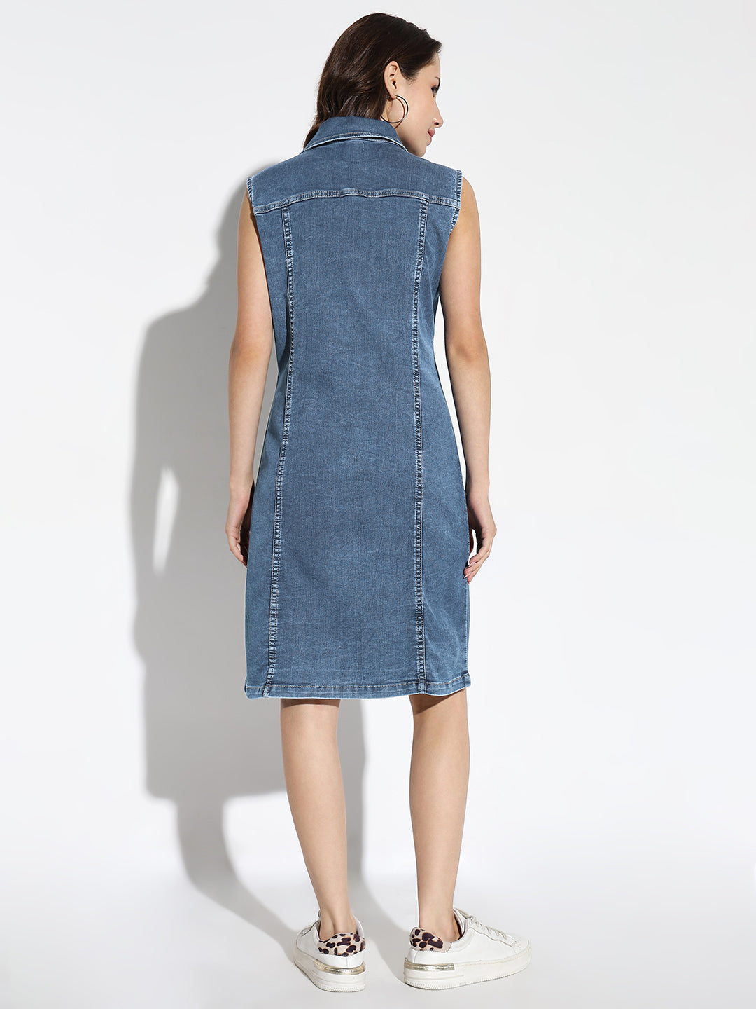 Women's Solid Blue Sleeveless A-Line Denim Dress