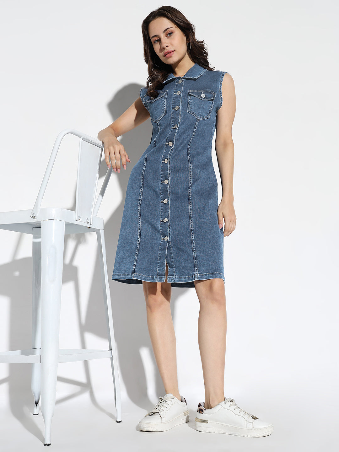 Women's Solid Blue Sleeveless A-Line Denim Dress