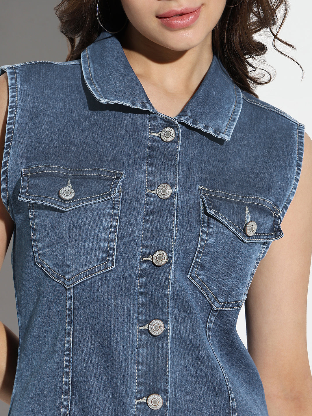 Women's Solid Blue Sleeveless A-Line Denim Dress