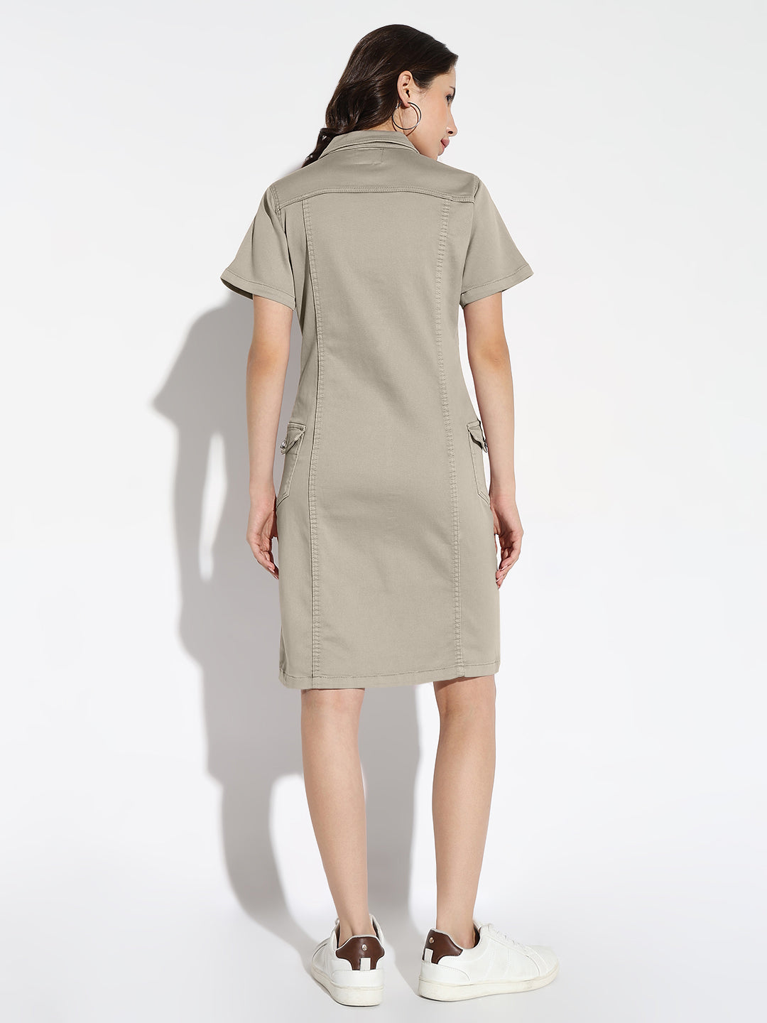 Women's Grey Denim Short Sleeve Knee Length Shirt Dress with Utility Pockets