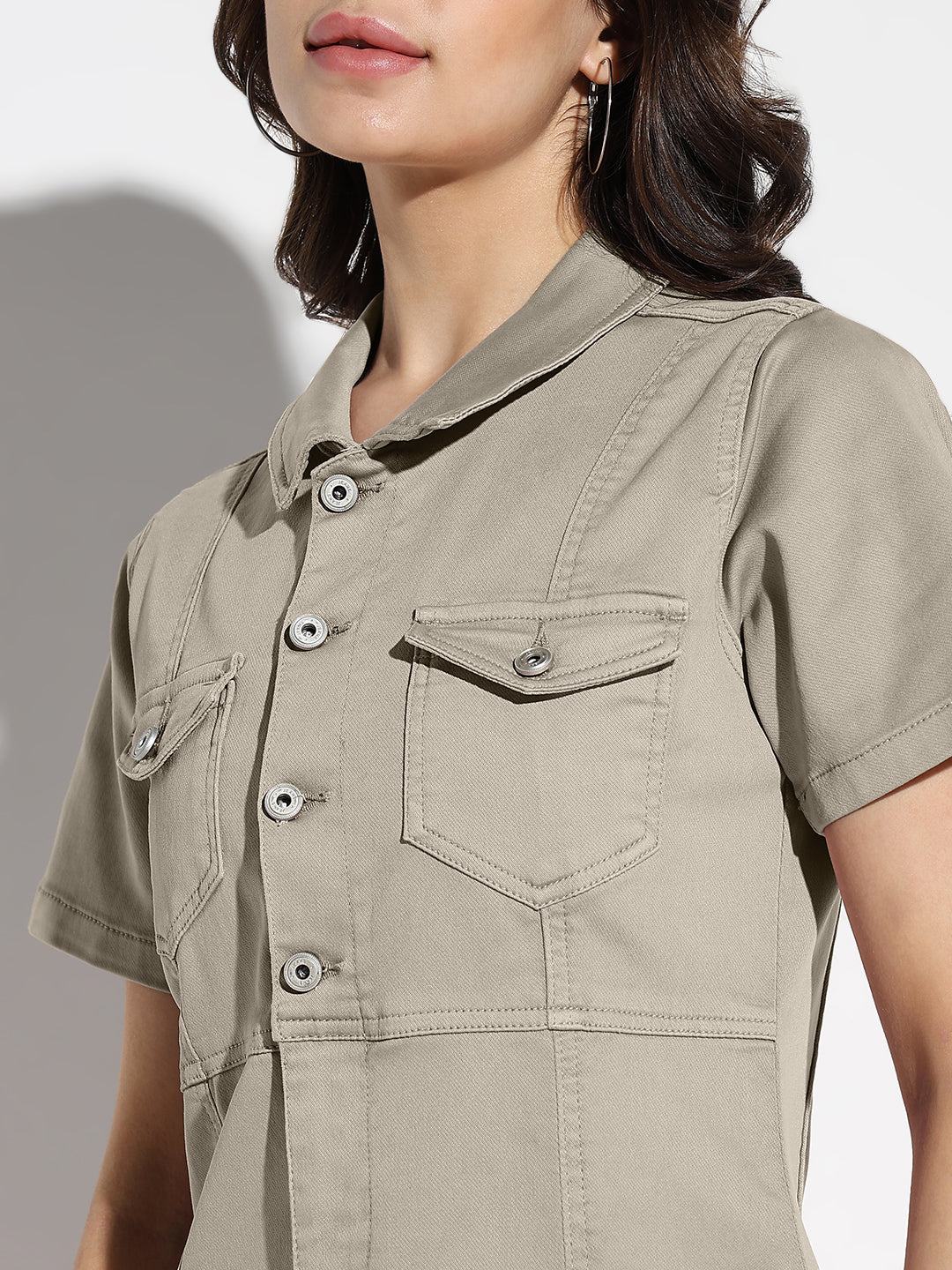 Women's Grey Denim Short Sleeve Knee Length Shirt Dress with Utility Pockets