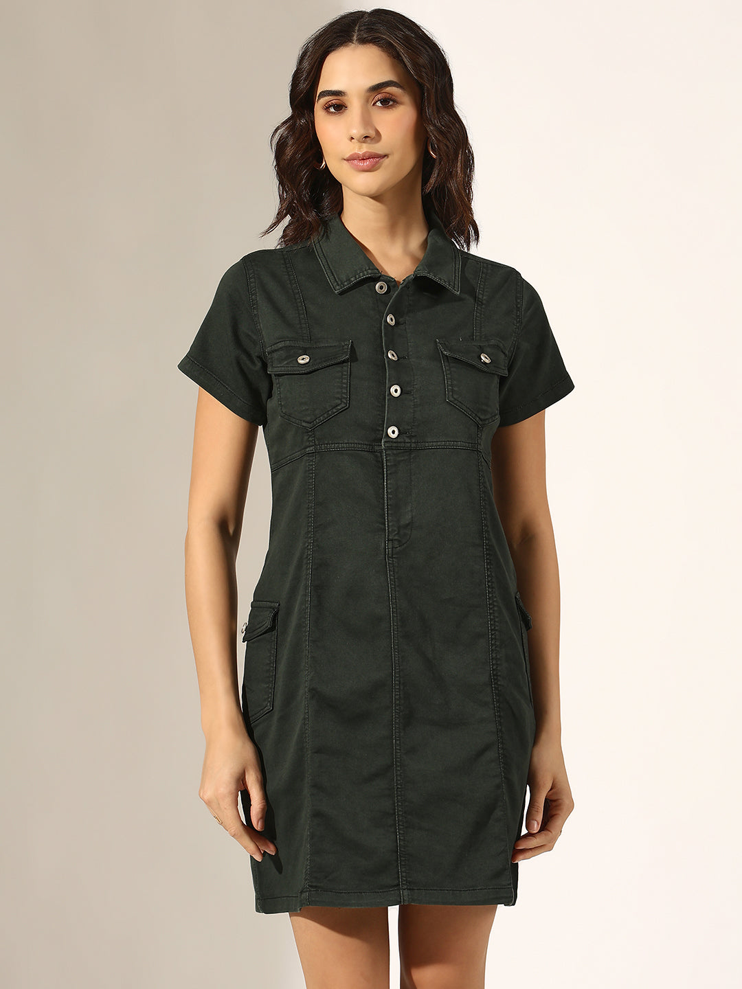 Women's Olive Short Sleeve Utility Pocket Denim Dress