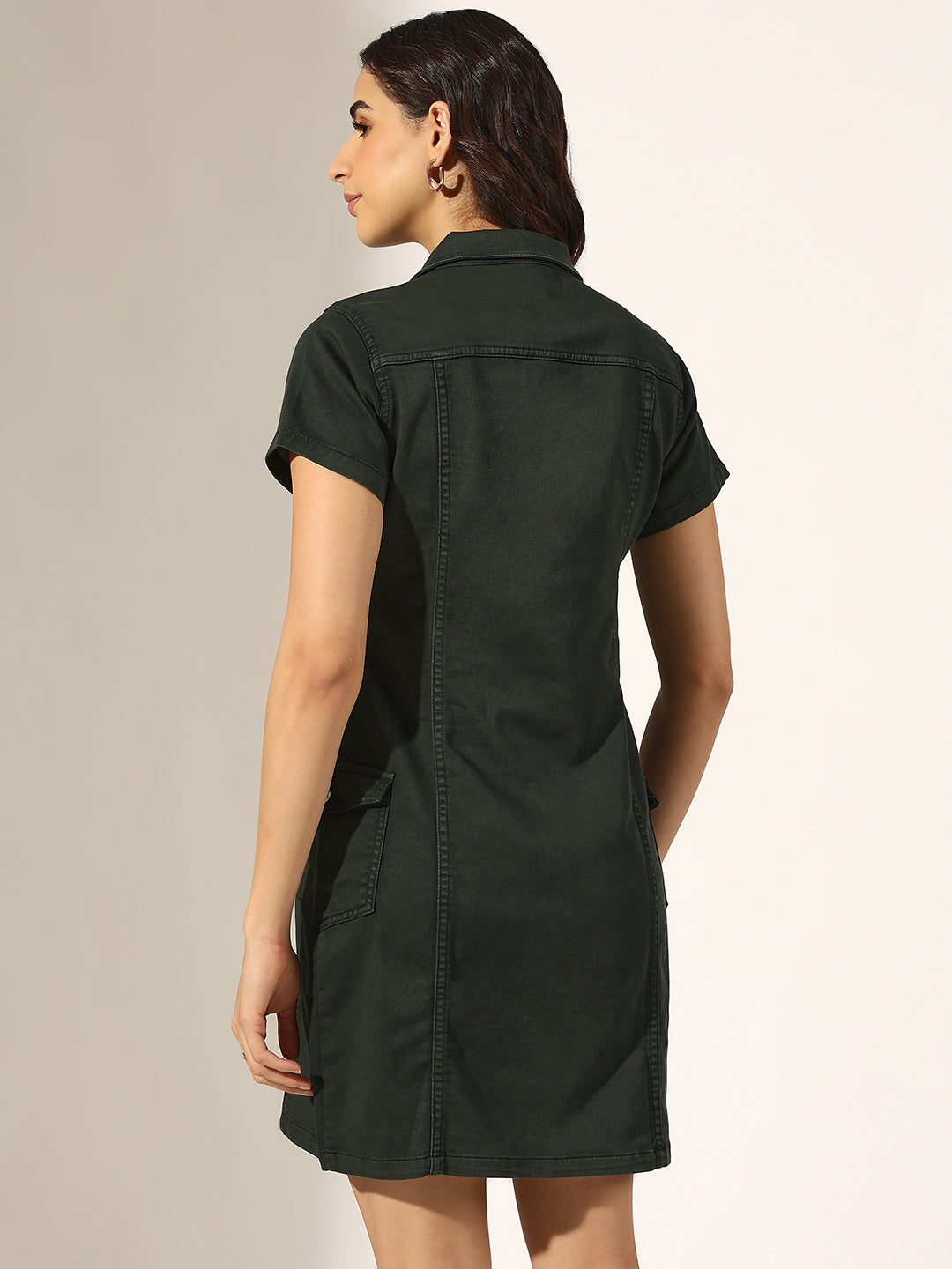 Women's Olive Short Sleeve Utility Pocket Denim Dress