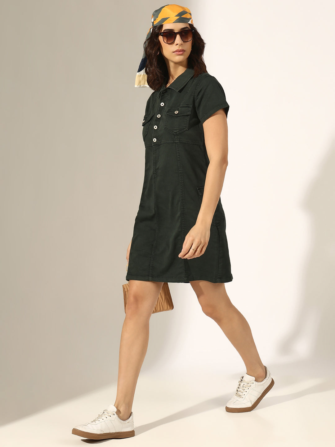 Women's Olive Short Sleeve Utility Pocket Denim Dress