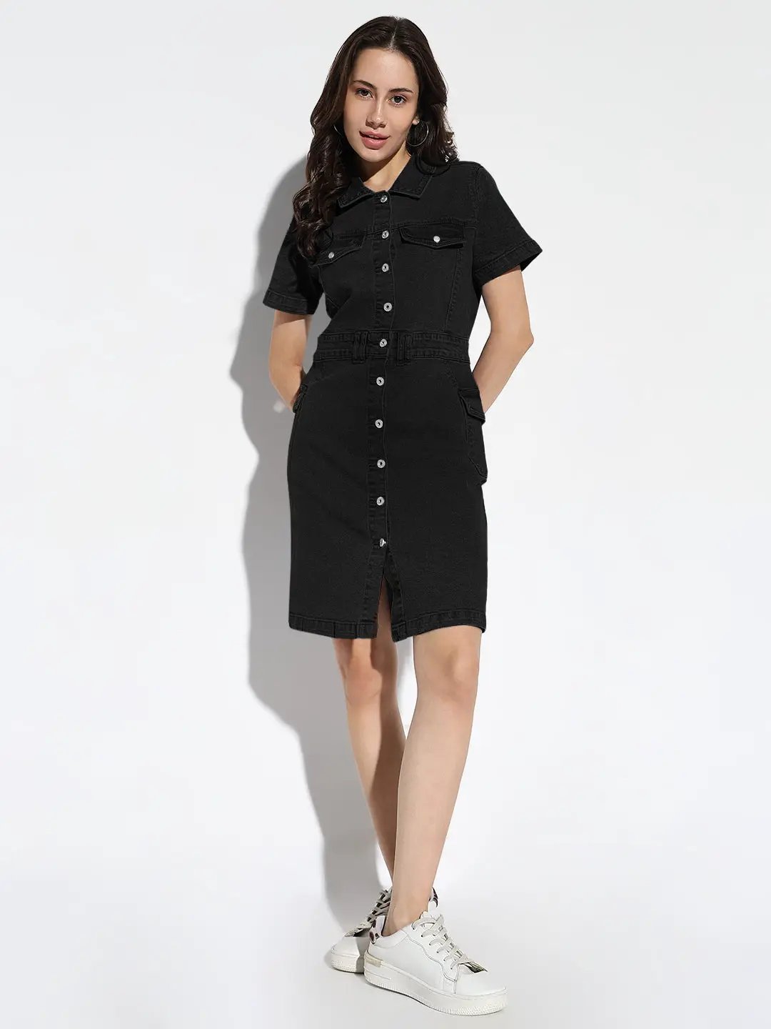 Women's Black Denim Short Sleeve Knee Length Shirt Dress with Utility Pockets - from SHOWOFFFF