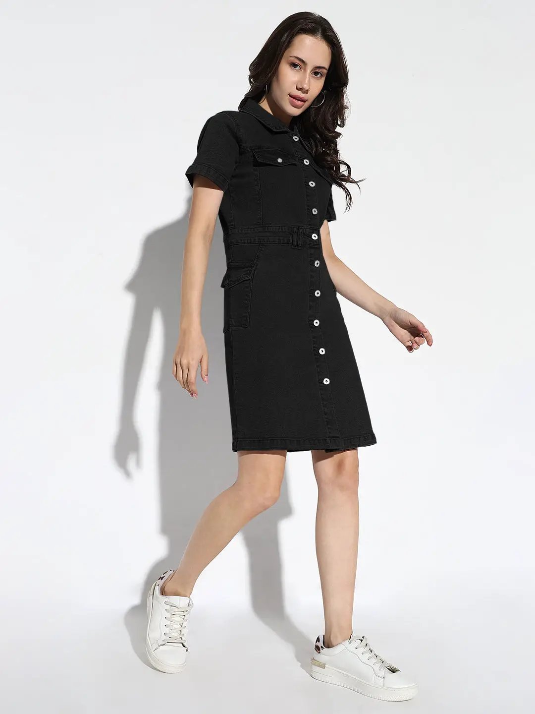Women's Black Denim Short Sleeve Knee Length Shirt Dress with Utility Pockets - from SHOWOFFFF