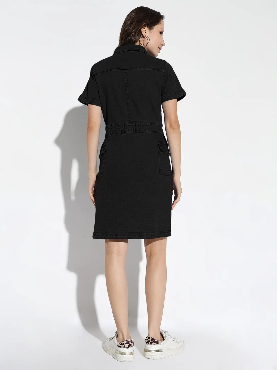Women's Black Denim Short Sleeve Knee Length Shirt Dress with Utility Pockets - from SHOWOFFFF