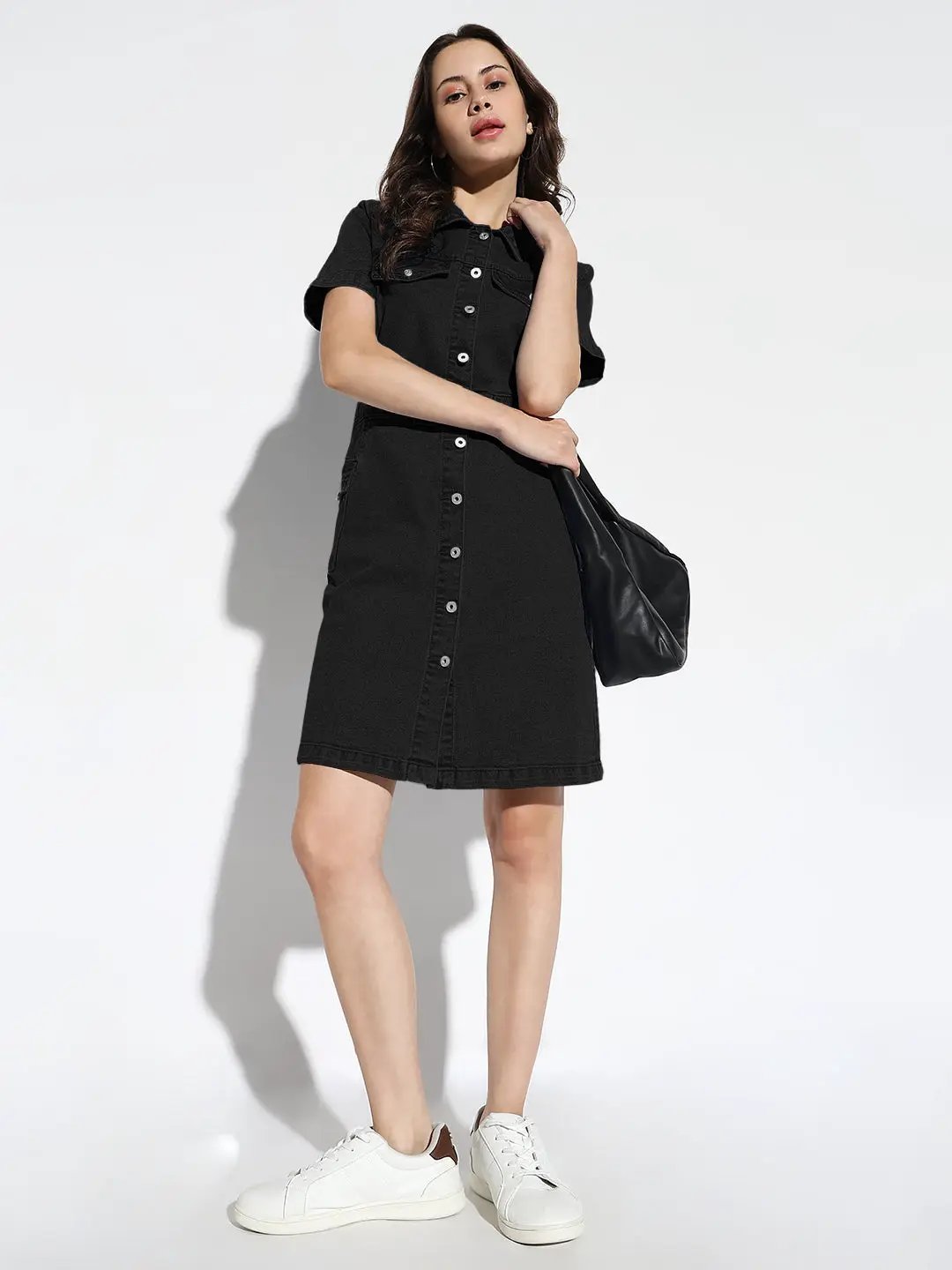 Women's Black Denim Short Sleeve Knee Length Shirt Dress with Utility Pockets - from SHOWOFFFF