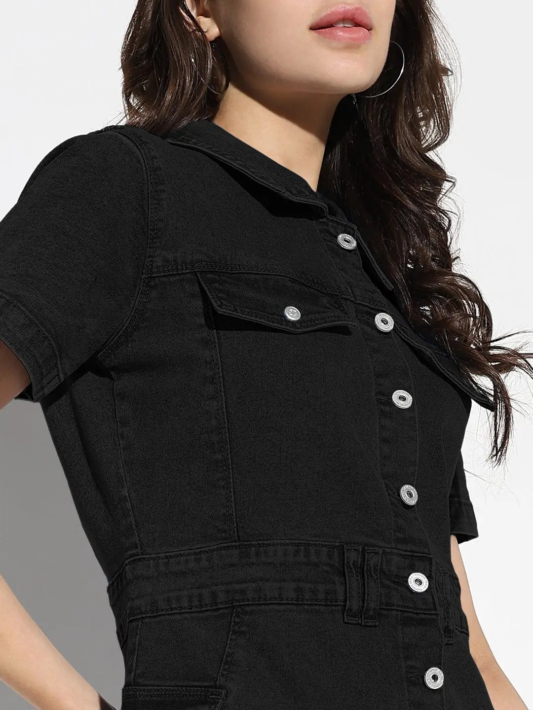 Women's Black Denim Short Sleeve Knee Length Shirt Dress with Utility Pockets - from SHOWOFFFF
