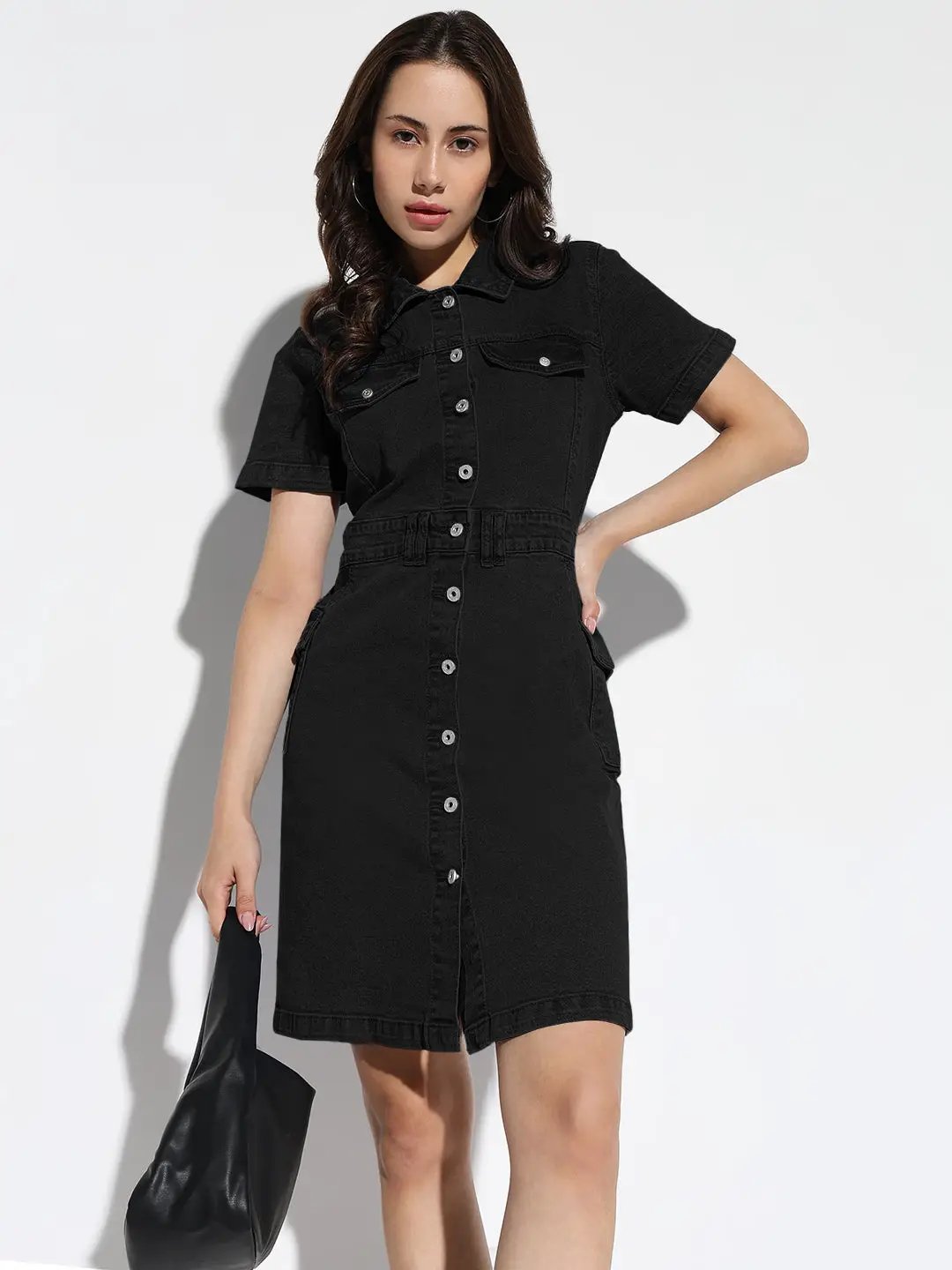 Women's Black Denim Short Sleeve Knee Length Shirt Dress with Utility Pockets - from SHOWOFFFF