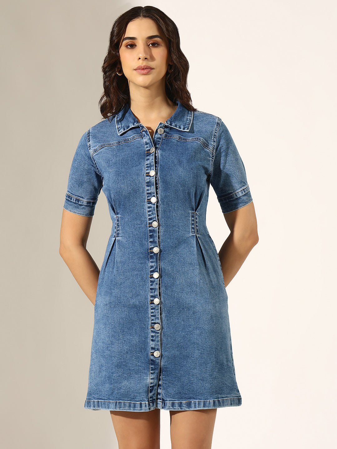 Women's Blue Button-Up Short Sleeve Denim Dress with Waist Darts