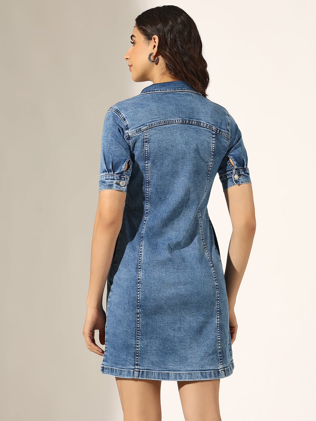 Women's Blue Button-Up Short Sleeve Denim Dress with Waist Darts