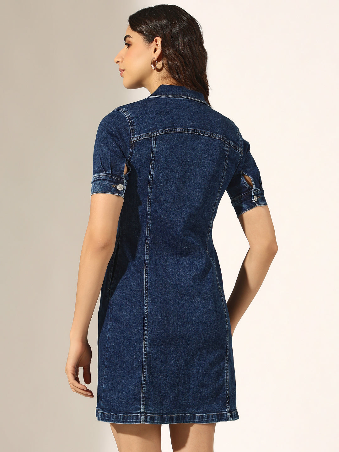 Women's Dark Blue Button-Up Short Sleeve Denim Dress with Waist Darts