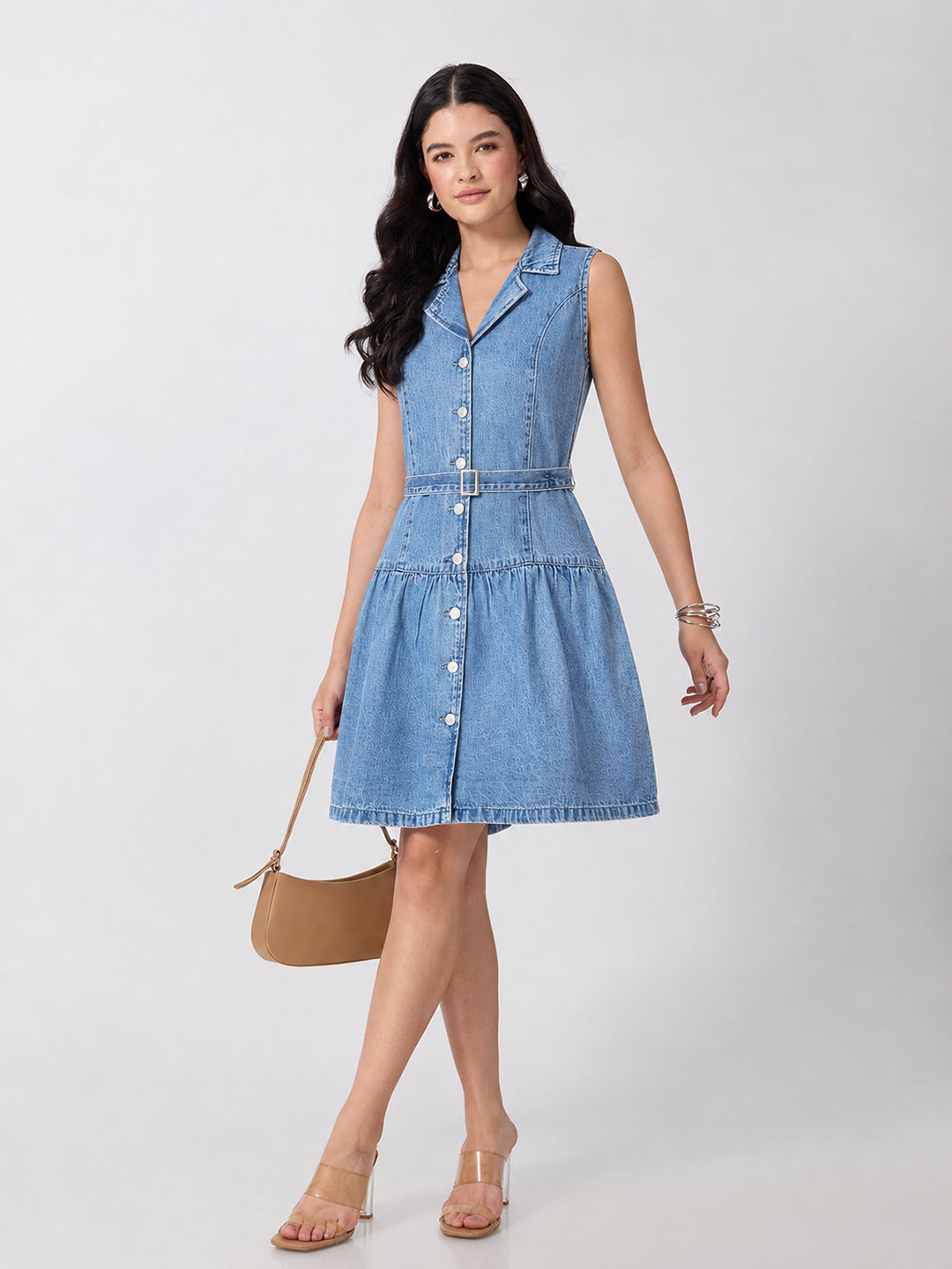 Women’s Blue Denim Sleeveless Belted Drop-Waist Mini Shirt Dress