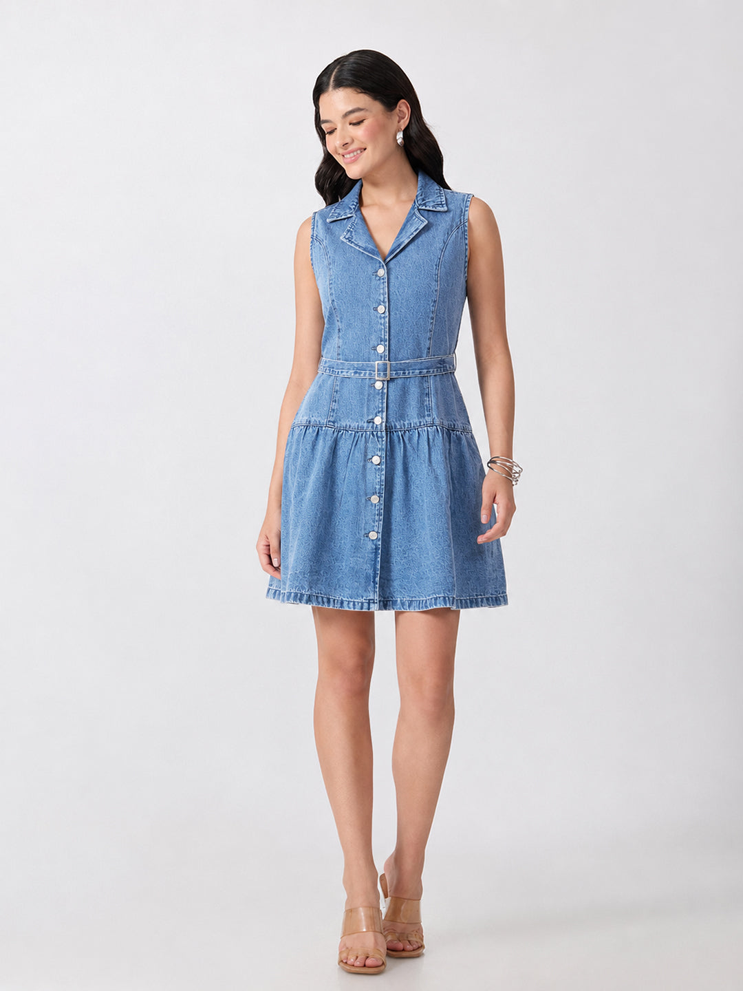 Women’s Blue Denim Sleeveless Belted Drop-Waist Mini Shirt Dress