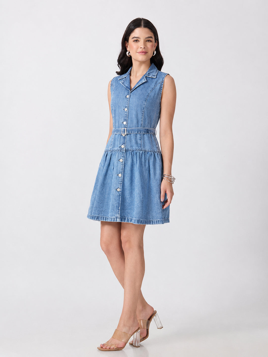 Women’s Blue Denim Sleeveless Belted Drop-Waist Mini Shirt Dress